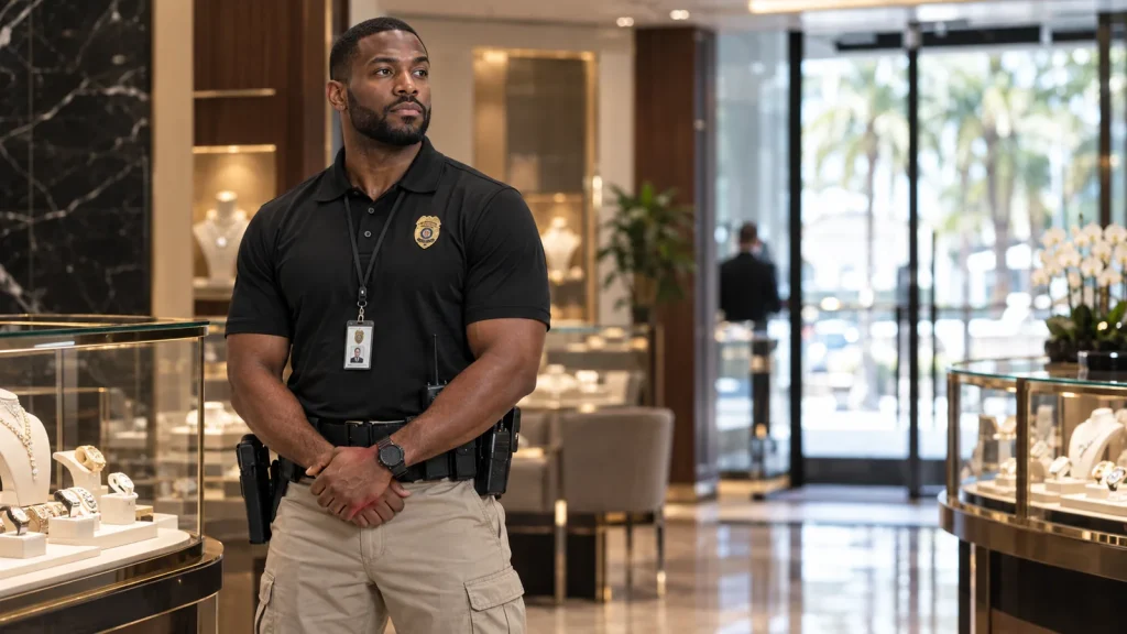 Armed security officer on post inside a Miami jewelry store