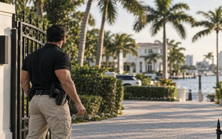 Armed security officer at the gate of a waterfront estate in Miami