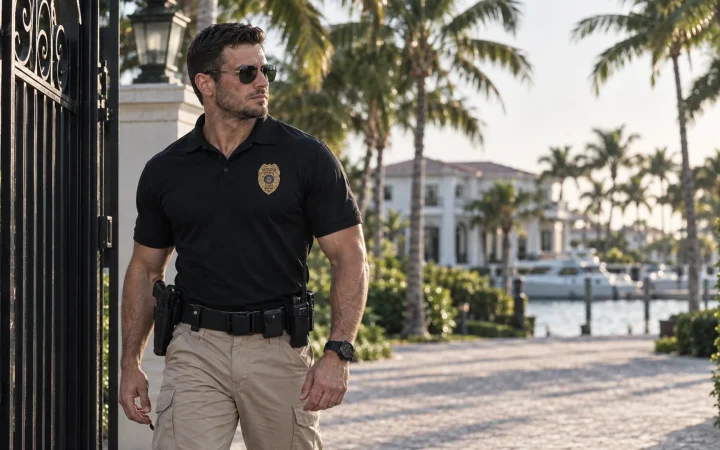 Armed security officer at the gate of a waterfront estate in Miami