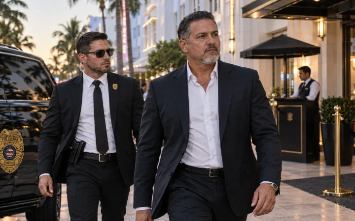 Bodyguard escorting a client to a luxury hotel entrance in Miami Beach