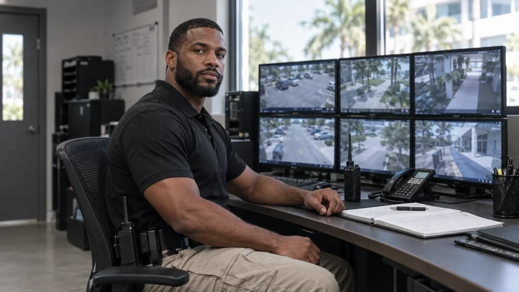 Security officer monitoring CCTV at a Miami commercial property Security officer monitoring CCTV at a Miami commercial property