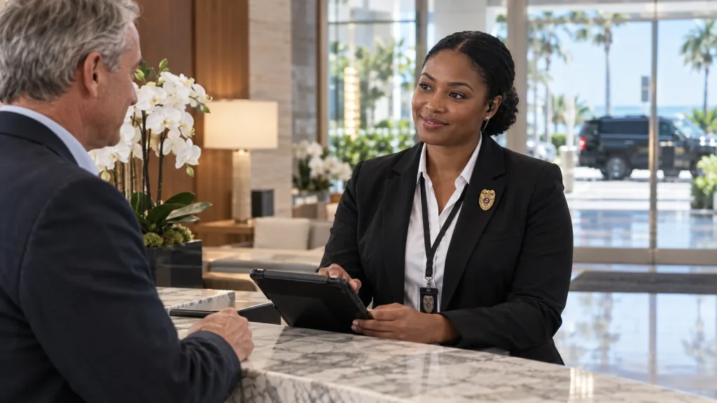 FSO Guard concierge security officer greeting a resident at a luxury condominium front desk in Sunny Isles Beach