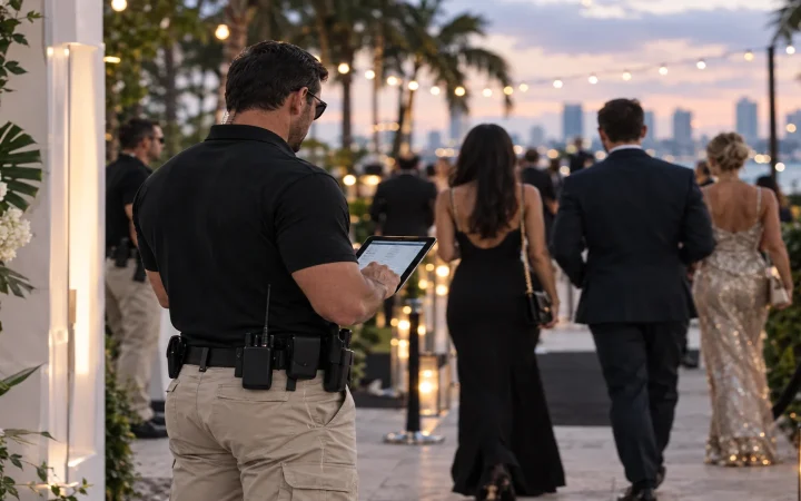 Event security officer checking guests at a Miami gala entrance