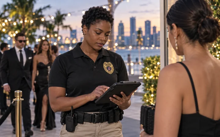 Event security officer checking guests at a Miami gala entrance