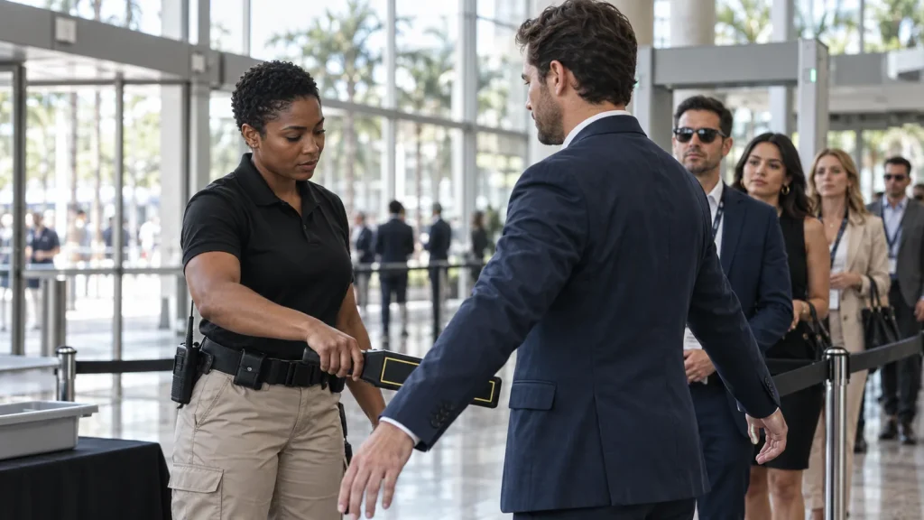 Event security officer screening guests with a metal detector at a Miami venue