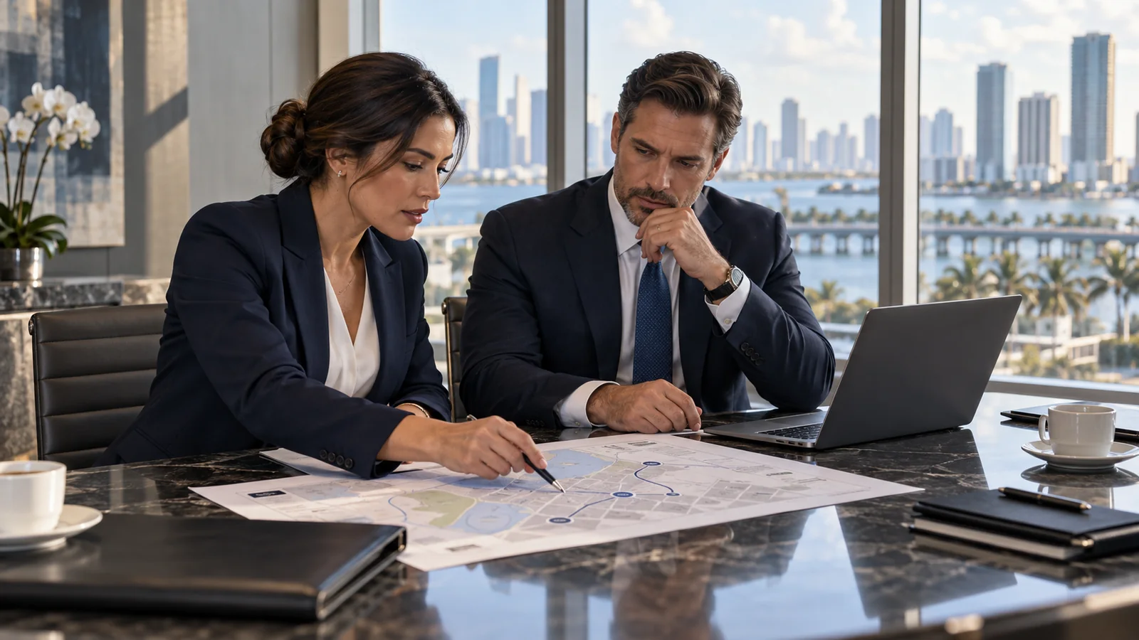 Two professionals reviewing routes and meeting locations for an executive visit