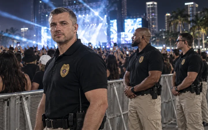 Festival security officers at a crowd barrier during a Miami music festival