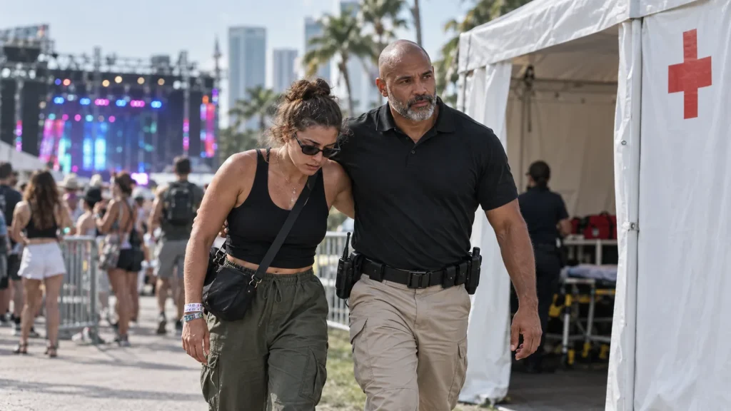 Festival security officer assisting a guest near the medical tent in Miami