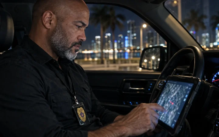 Investigator monitoring a GPS tracker on a tablet in Miami