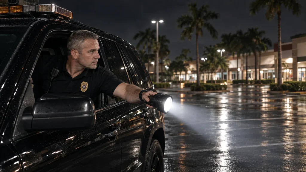 Mobile patrol officer checking a Miami parking lot with a spotlight at night