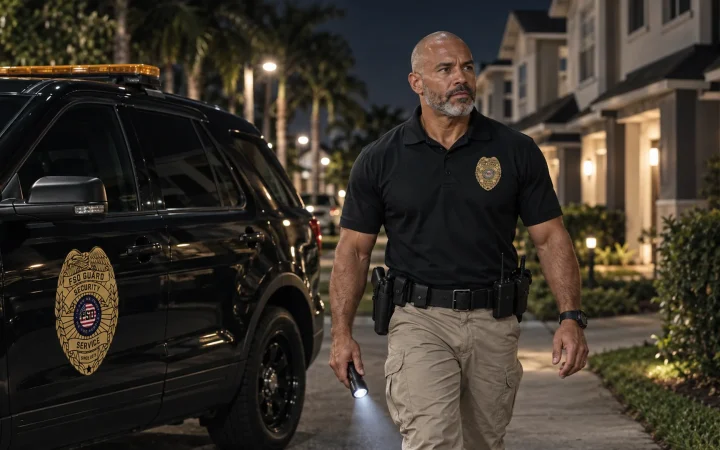 Mobile patrol officer checking a Miami residential community at night