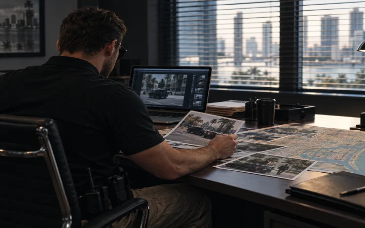 Private investigator reviewing a case file in a Miami office