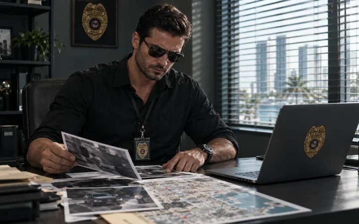 Private investigator reviewing a case file in a Miami office