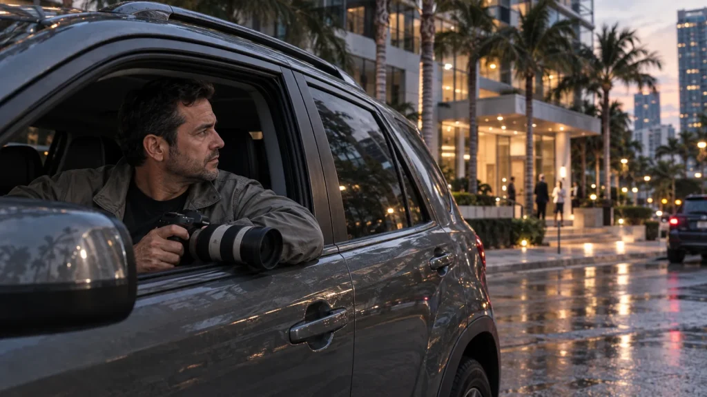 FSO Guard private investigator on surveillance from an unmarked vehicle in Brickell, Miami FSO Guard private investigator on surveillance from an unmarked vehicle in Brickell, Miami