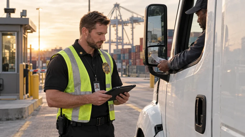 Security officer checking a truck driver's paperwork at a distribution center gate near the Jacksonville port