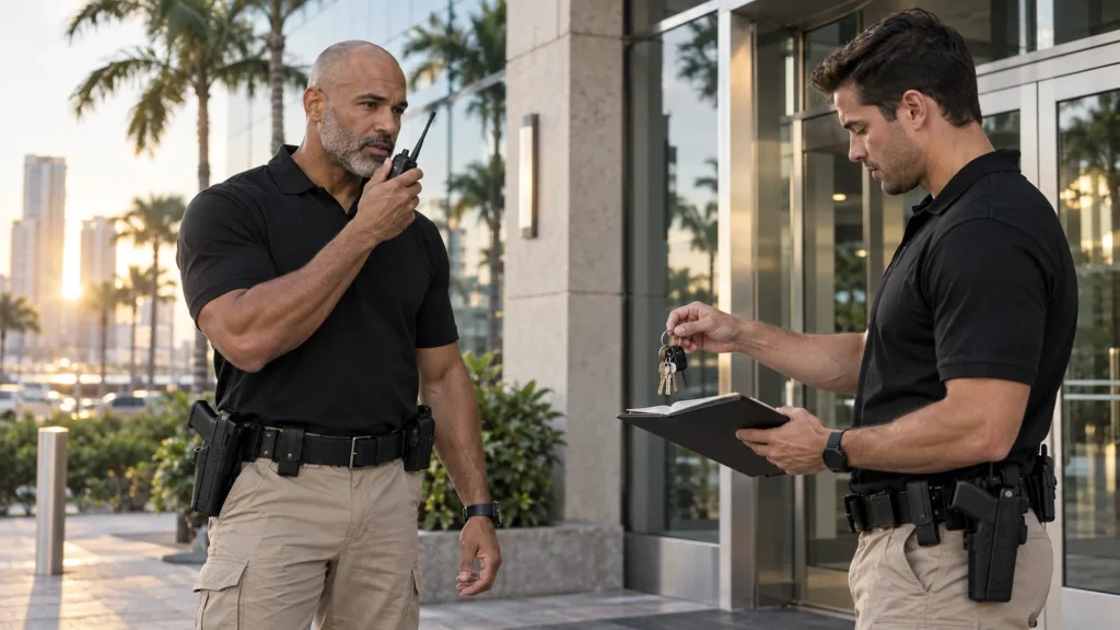 Security guards handing over during a shift change at a Miami commercial building