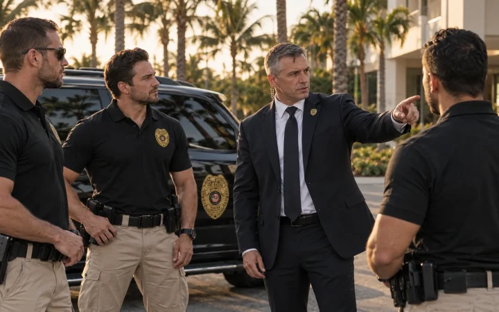 Security guard team at a shift briefing in Miami