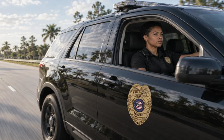 Security team vehicle traveling on a Florida highway
