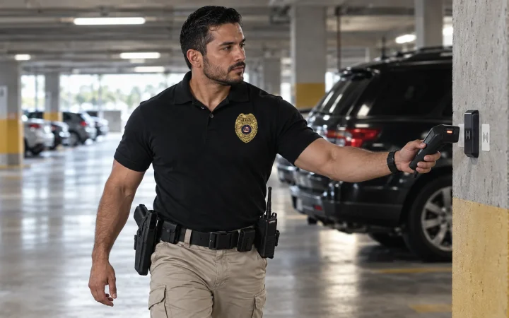 Security officer on patrol in a Miami parking garage scanning a checkpoint