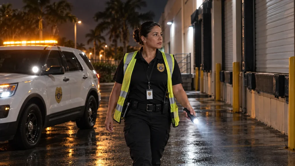 FSO Guard mobile patrol officer checking a Doral warehouse loading dock at night with the patrol SUV behind