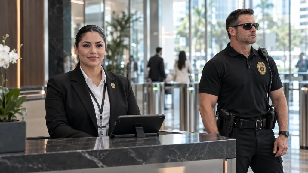 Unarmed lobby officer and armed security officer at a Miami office tower, both from FSO Guard