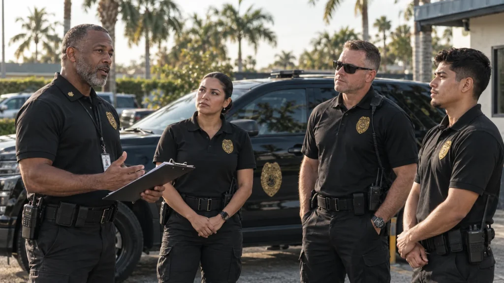 FSO Guard field supervisor briefing security officers before a shift in Hollywood, Florida