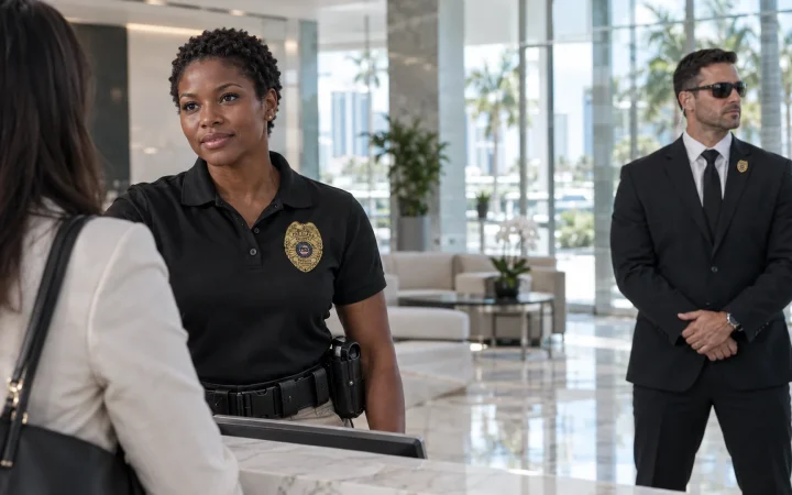 Unarmed security officer at the reception desk of a Miami office lobby