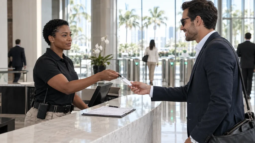 Unarmed security officer issuing a visitor badge at a Miami office lobby