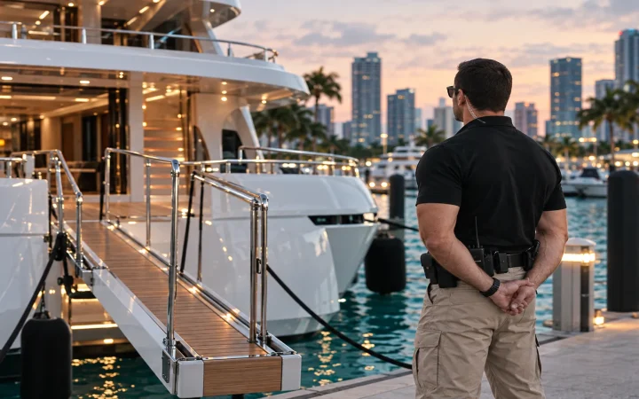 Security officer posted at the gangway of a superyacht in a Miami marina