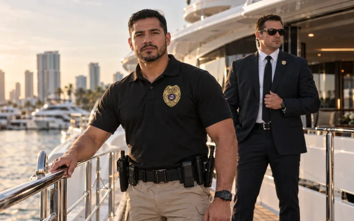 Security officer posted at the gangway of a superyacht in a Miami marina