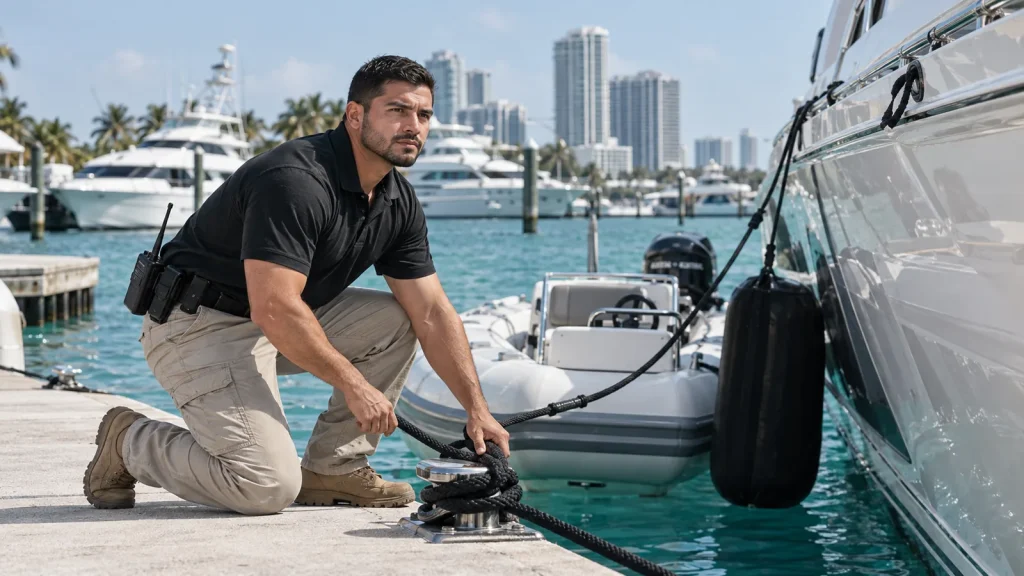 Security officer checking the tender and mooring lines of a yacht at a Miami marina