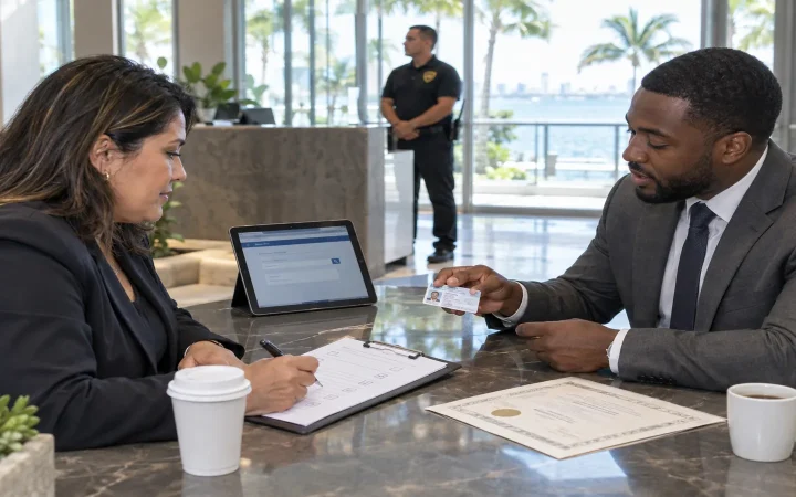 Property manager checking a security company's Florida license and insurance certificate in a Miami condo lobby while an FSO Guard officer stands post