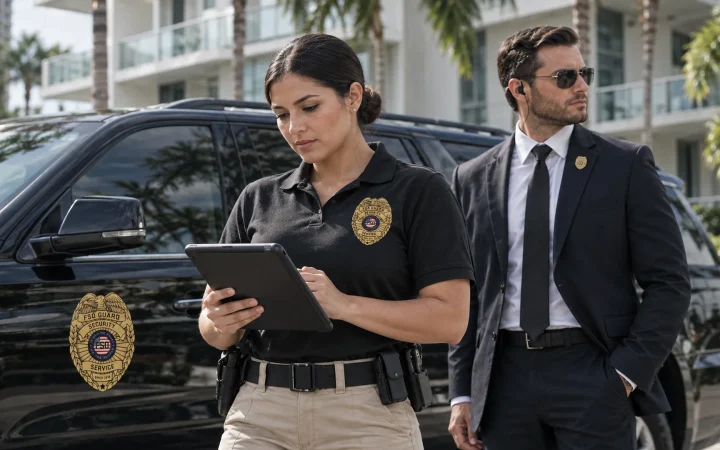 Security supervisor reviewing patrol reports at a Miami property