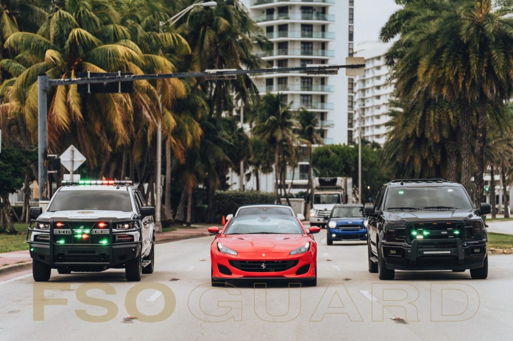 FSO Guard mobile patrol vehicles escorting a client in Miami