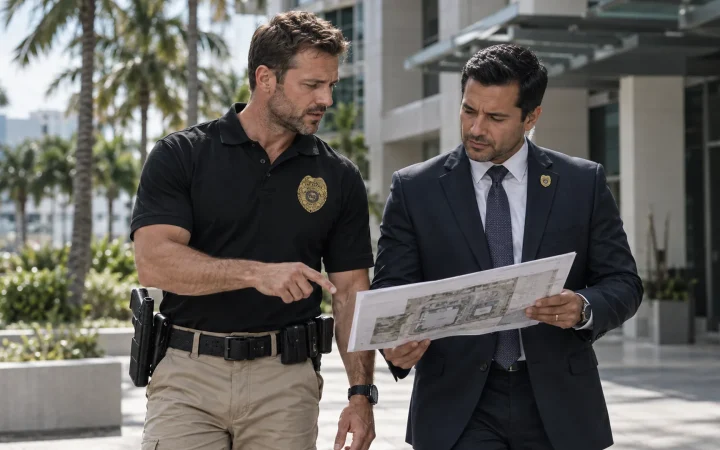 Security supervisor walking a property with a client in Miami