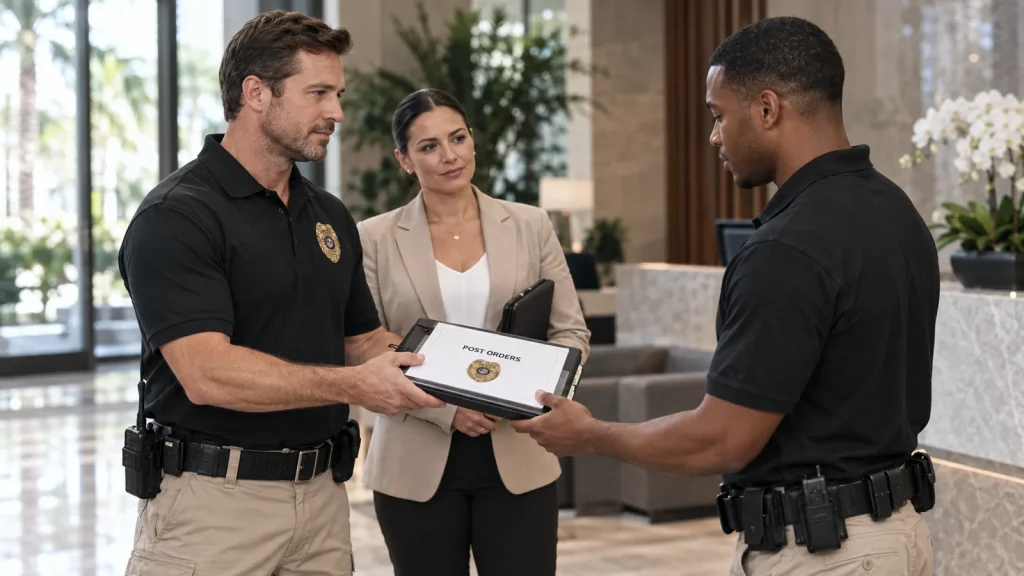 Supervisor briefing a newly hired security guard on post orders in Miami