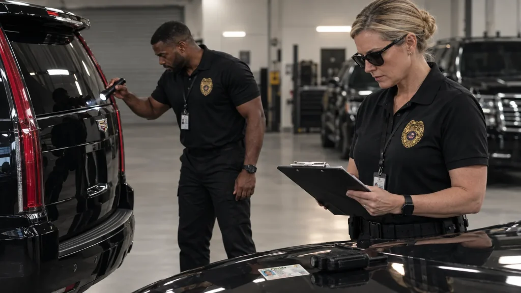 FSO Guard armed bodyguard inspecting the client vehicle before a detail in Miami