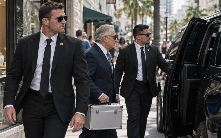 FSO Guard armed bodyguards escorting a jeweler with a locked case to a Suburban in Downtown Miami