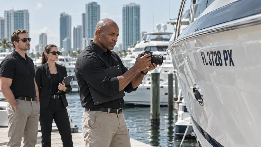 Investigator documenting a vessel during an asset search in Miami