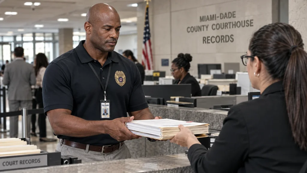 Investigator obtaining certified court records for a background check in Miami Investigator obtaining certified court records for a background check in Miami