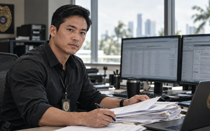 Investigator researching public records for a background check