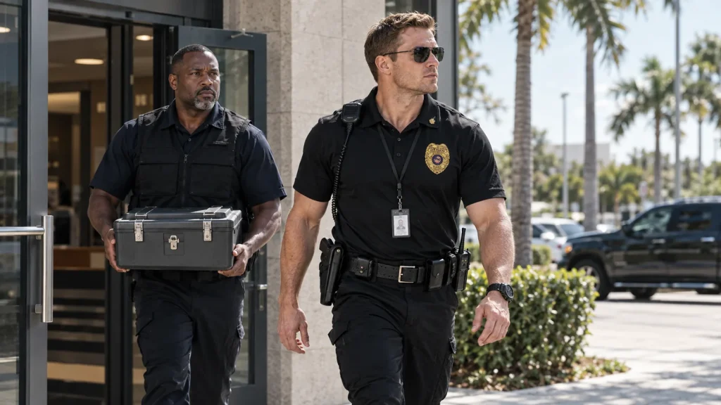 Security officer escorting an armored-truck cash transfer at a Miami bank branch