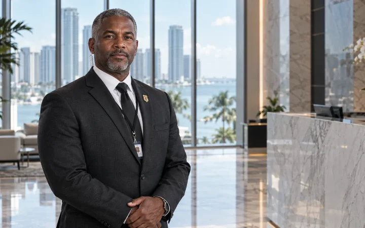 Security officer in a suit in the marble lobby of a Brickell private bank