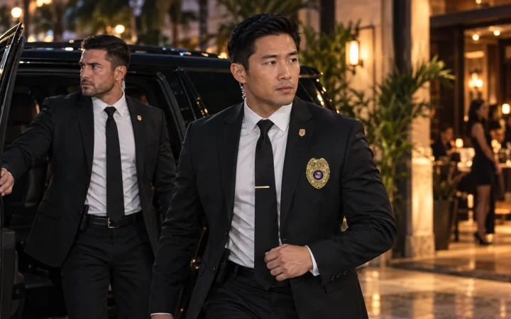 Protection team arriving with a client at a Miami restaurant