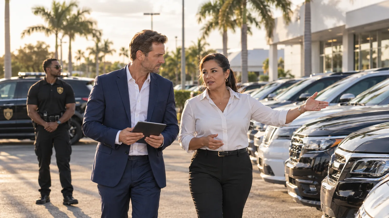 Motenza Capital funding advisor walking a Miami car dealership lot with the owner while an FSO Guard patrol officer covers the entrance
