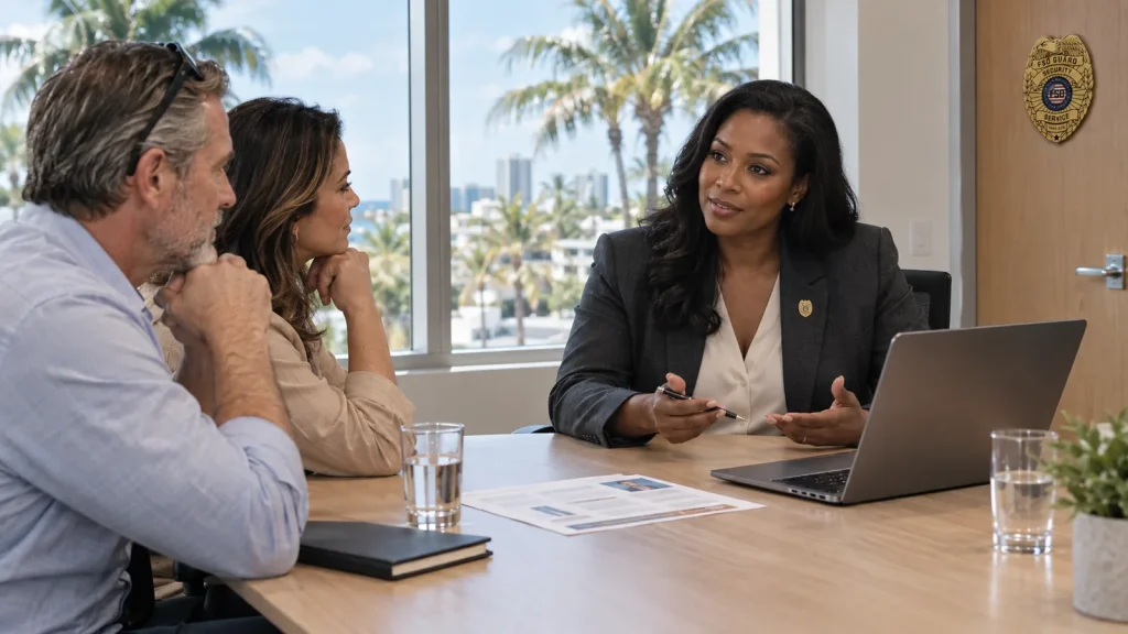 Motenza Capital advisor reviewing business funding options with hotel owners in a Hollywood, Florida office shared with FSO Guard
