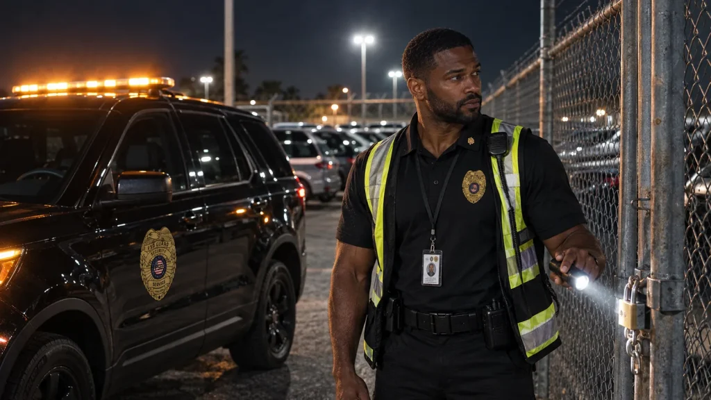 Mobile patrol officer checking a dealership storage lot gate at night