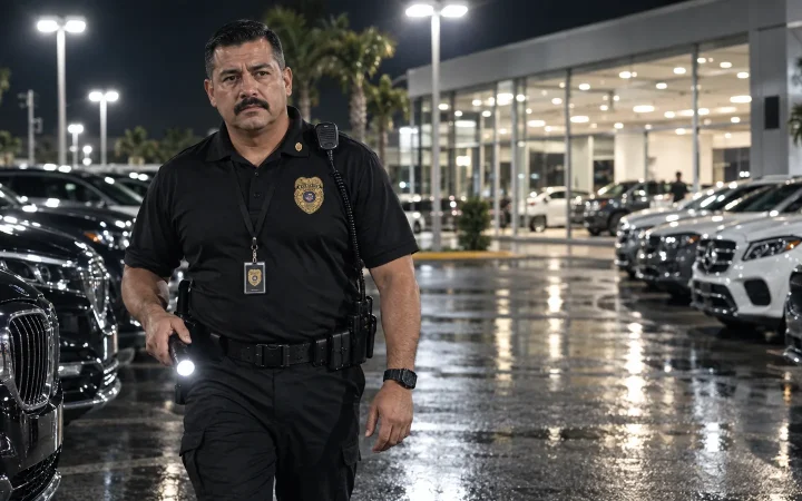 Security guard patrolling a Miami car dealership lot at night with a flashlight