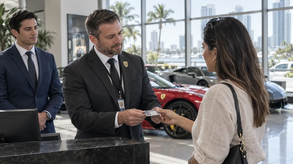 Showroom security officer verifying a customer's ID before a test drive at a Miami dealership