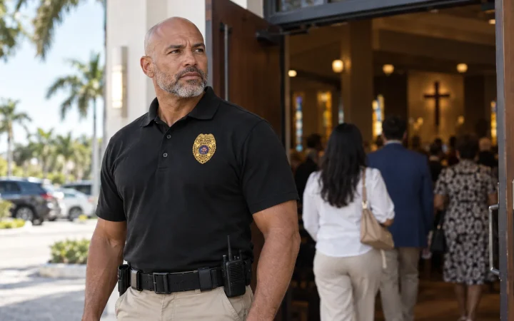 Security officer at the doors of a church in Miami